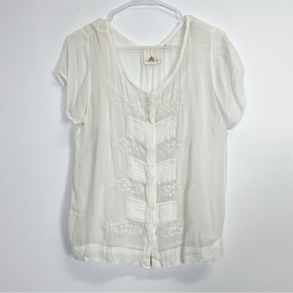 One Fine Day Blouse Womens Size Small White Sheer Embroidered Button Front - Picture 1 of 9